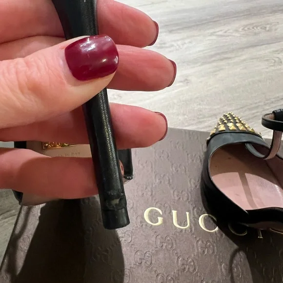 Gucci Malaga Kid Nero Black and Gold Studded T-Strap Heels - Picture 5 of 16
